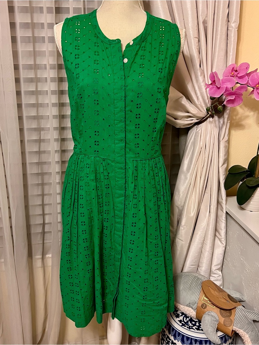J Crew Green Eyelet Sleeveless Dress L